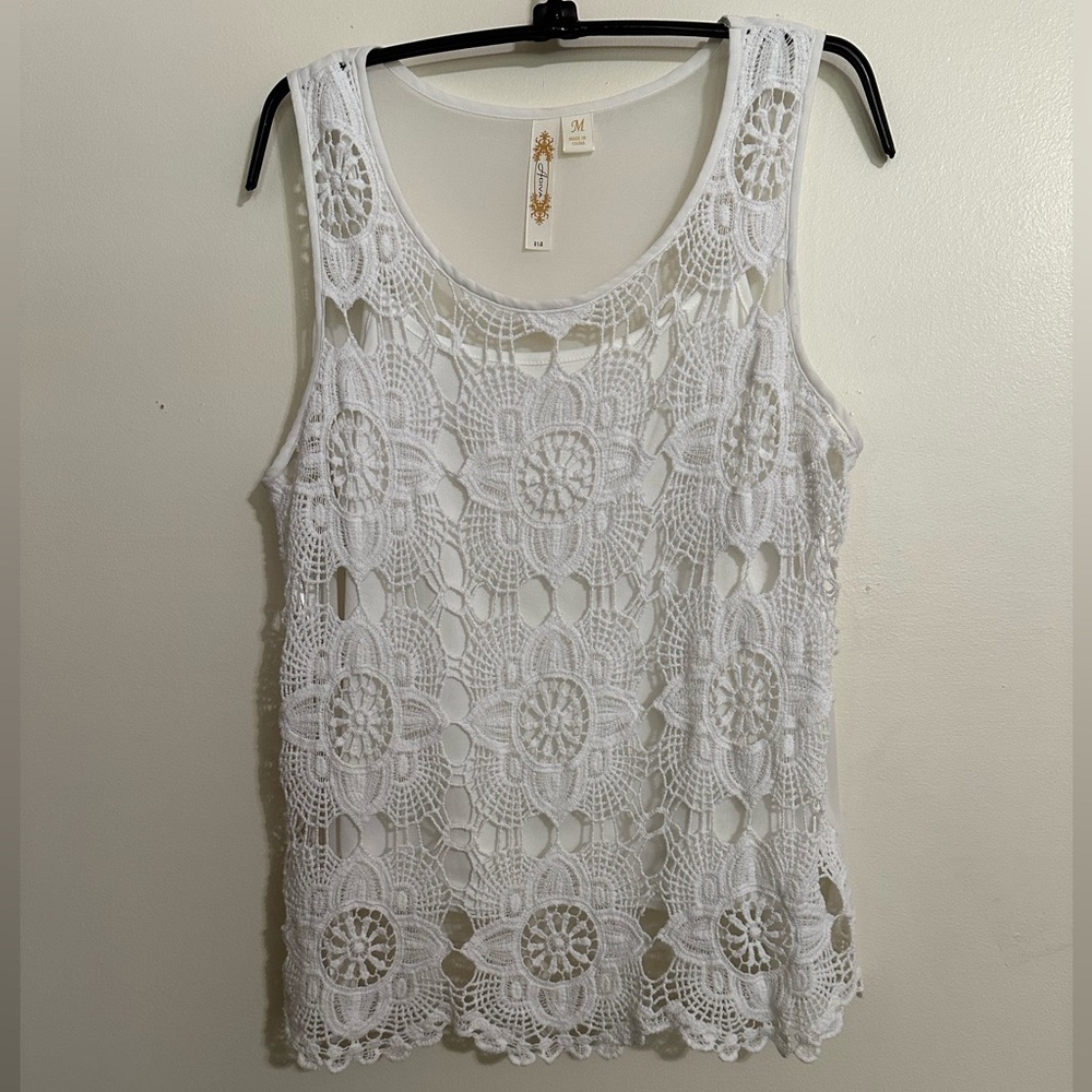 Adiva Ivory Crochet Sleeveless Top Cotton/Polyester M
